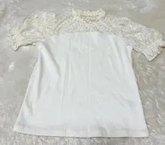 GU 新品未使用レースコンビネーションパフスリーブプルオーバー オフホワイトM