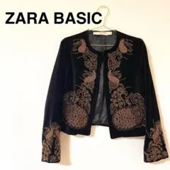 ZARA BASIC ベルベット ノーカラージャケット ビーズ 刺繍 黒　S