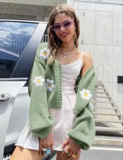 SHEIN カーディガン 花柄 グリーン 黄緑 可愛い オシャレ 韓国