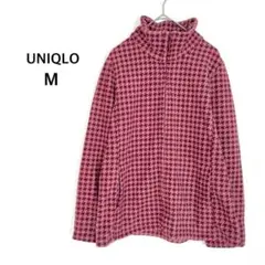 ユニクロ◉フリースジャケット M ピンク 千鳥格子柄 防寒 ウインタースポーツ