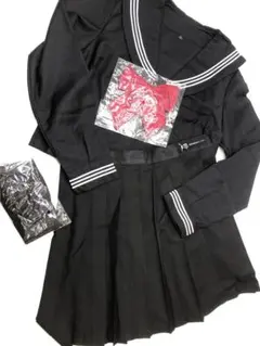(L) セーラー服 長袖 制服 黒×赤 学生服 女子高生 JK コスプレ