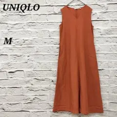 ユニクロ【M】Vネックロングフレアワンピース ノースリーブ リネン混 オレンジ