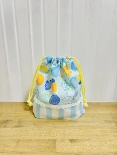 【4B】ハンドメイド マチあり 巾着 リボン 水色 ストライプ入園 入学 2