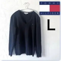 TOMMY HILFIGER Vネックセーター ネイビー 袖の配色が特徴Ｌ
