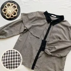 【極美品】ギンガムチェック ブラウス ビッグカラー フリルカラー　ビジュー　XL