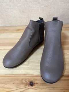 a375/新品★本革サイドジッパー ショートブーツ24㎝3E幅広オリーブブラウン