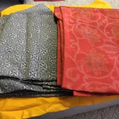 赤色花柄紬着物