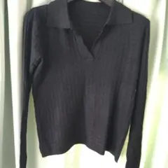黒 リブ編み 長袖ポロシャツ