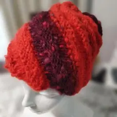 手編み♪コンビネーションヤーン　赤エスカルゴキャップ　フリーサイズ
