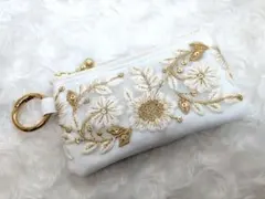キーケース　コインケース　インド刺繍リボン×合皮　マルチポーチ