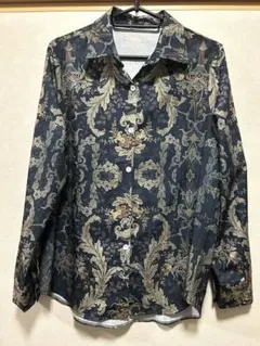 90s 柄シャツ 長袖 古着 ネイビー