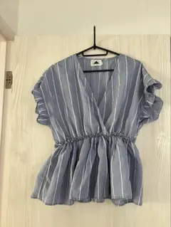 ストライプフレアスリーブブラウス　ブルー　青