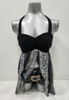 y2k ギャル グランジ ヒョウ柄 ホルターネック シフォン スリット キャミ