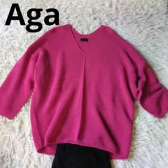 Aga アーガ ミドルゲージドルマンVネック和紙ニットプルオーバー　ピンク