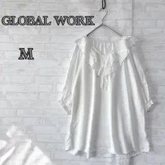 【グローバルワーク】ホワイト ７分袖チュニック M Vネック フリルa2695