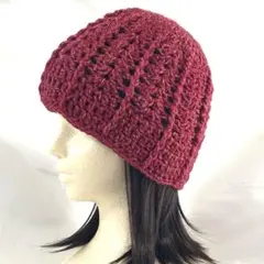 ④赤　ニット帽　かぎ針編み　バケットハット　アクリル　ハンドメイド