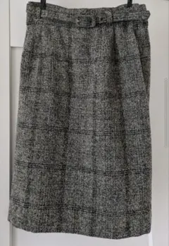 グレー系チェック タイトスカート ひざ丈 ベルト付き