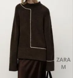 ZARA コントラストトリム付き　ニット　ハイネック　セーター　ブラウン