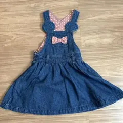 【美品90cm】デニム サロペットドレス ドット柄