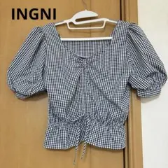 INGNI イング ギンガムチェック 半袖 ブラウス スクエアネックパフスリーブ