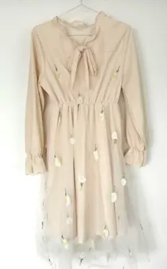 花柄刺繍 ベージュ シフォン ワンピース