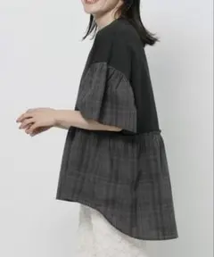 ニコアンド　チェックコンビフレアTシャツ