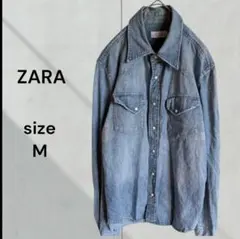 ZARA メンズ デニムシャツ M ダメージ加工 バック刺繍 スナップボタン