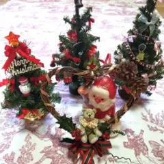 クリスマスツリー３本　サンタキャンドル　ミニチュアベアリース【５点まとめて】