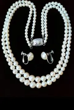 グラデーション 貝パール 2連 ネックレス ハーフパール イヤリング a88