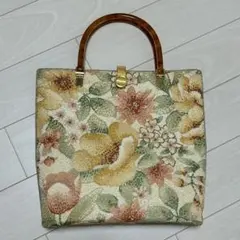 ヴィンテージ ビーズ刺繍 花柄 ハンドバッグ べっ甲風 ルーサイト 