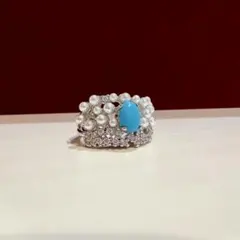 ヴィンテージ デザインアクセサリー　パールシルバーターコイズリング指輪　レトロのサムネイル