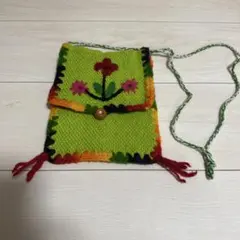 手編み 緑色 花刺繍 ショルダーバッグ