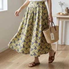 最終【美品】綿100% ルノンキュール花柄ロングスカート フリー イエローのサムネイル