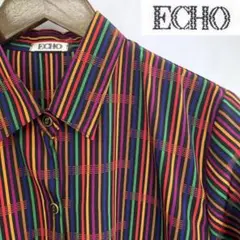 美品 ECHO エコー レトロ ストライプ チェック シャツ 長袖 Sサイズ相当