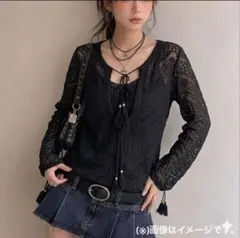 レースタッセル付 黒 長袖 チュニック シースルー
