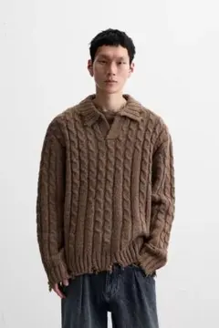 【完売品】ZARA ザラ ダメージ加工 編み込み ニットポロシャツ