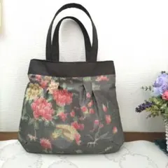 着物リメイクバック　紬　 グレー系　花柄 Mサイズ　ネップ有り　着物　帯