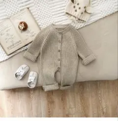 ベージュ リブ編みロンパース