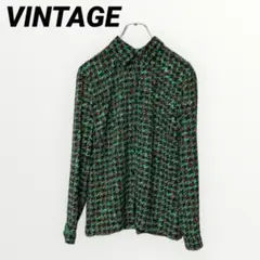 【古着】ブラウス　ヴィンテージ　レトロ　柄　シャツ　緑　グリーン