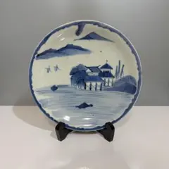 江戸時代後期 古伊万里 染付 二見ヶ浦 夫婦岩 帆船 大皿 尺皿 29.3cm