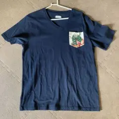 ネイビー Vネック Tシャツ 植物柄ポケット