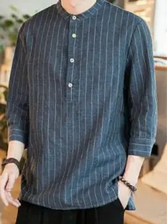 [YIMANIE] リネンシャツ メンズ ｙシャツ 綿麻7分袖 2XL 紺色