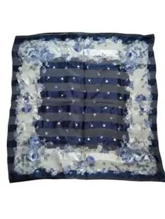 100%シルク 大判スカーフ バラ柄 ストライプ 青