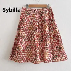 シビラ　フレアスカート　刺繍　花柄　裏地付き　サイドファスナー　赤　M ふんわり