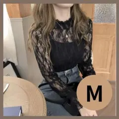 シアートップス　黒　ブラック　M　花柄　フリル袖　ガーリー