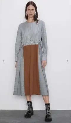 ZARA ザラストライプチェックパッチワークワンピース　Mサイズ
