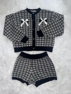 リボン付き千鳥柄 セットアップ ニットカーディガン×ショートパンツ韓国系スナ系