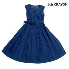ロイスクレヨン ビッグカラー ワンピース ベルト付 M ノースリーブ ネイビー