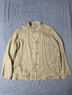 無印　リネン ベージュグレー 長袖カンフーシャツ