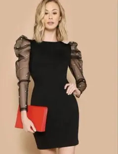 黒 フリル付きワンピース ひざ丈 パール付き SHEIN シーインのサムネイル